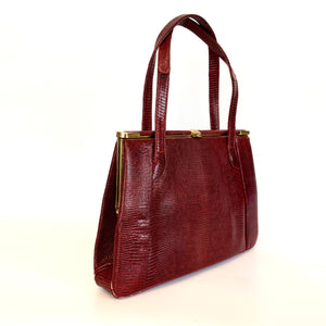 Vintage 70s Rare Raspberry Red Lizard Skin Handbag By Rayne/Waldybag-Vintage Handbag, Exotic Skins-Brand Spanking Vintage