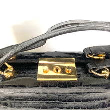 Load image into Gallery viewer, Vintage 80s Large Black Caiman Crocodile Skin Box Bag Tote Bag Overnight Bag W/Lock/Key Gilt Clasp Made in France-Vintage Handbag, Large Handbag-Brand Spanking Vintage