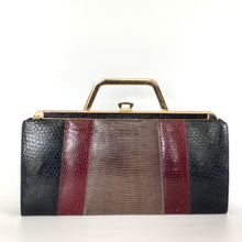 Load image into Gallery viewer, Vintage 70s/80s Clutch Bag In Black/Taupe/Burgundy Lizard Skin w/ Optional Gilt Handle and Chain Made in England-Vintage Handbag, Clutch bags-Brand Spanking Vintage