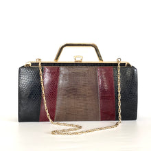 Load image into Gallery viewer, Vintage 70s/80s Clutch Bag In Black/Taupe/Burgundy Lizard Skin w/ Optional Gilt Handle and Chain Made in England-Vintage Handbag, Clutch bags-Brand Spanking Vintage