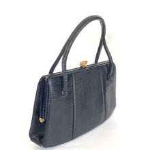 Load image into Gallery viewer, Vintage 50s/60s Long Slim Top Handle Bag By Waldybag In Navy Lizard Skin-Vintage Handbag, Exotic Skins-Brand Spanking Vintage