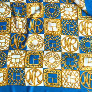 Vintage 80s Large Silk Scarf In Vibrant Colours of Gold, Blue and Ivory by Nina Ricci Made in Italy-Scarves-Brand Spanking Vintage