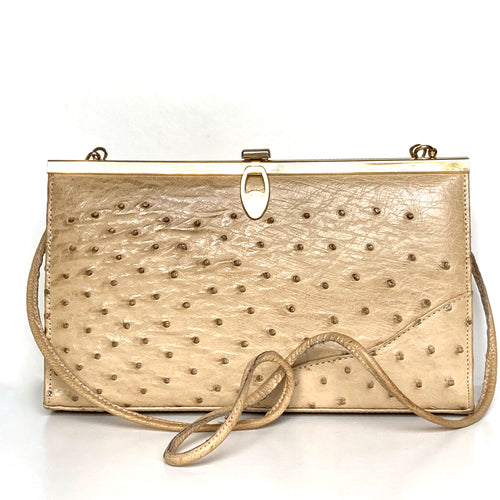 Vintage Genuine Ostrich Skin Clutch Bag/Shoulder Bag In Caramel Beige by Corbeau-Vintage Handbag, Exotic Skins-Brand Spanking Vintage