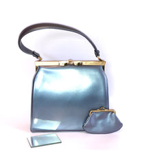 Load image into Gallery viewer, Vintage Handbag 50s/60s In Grey Pearlescent Leather w/ Coin Purse and Bow Clasp by Lodix-Vintage Handbag, Top Handle Bag-Brand Spanking Vintage