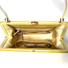 Load image into Gallery viewer, Vintage 60s Rayne Yellow/White Pearlescent Leather Top Handle Handbag Silk Coin Purse-Vintage Handbag, Top Handle Bag-Brand Spanking Vintage