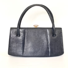 Load image into Gallery viewer, Vintage 50s/60s Long Slim Top Handle Bag By Waldybag In Navy Lizard Skin-Vintage Handbag, Exotic Skins-Brand Spanking Vintage