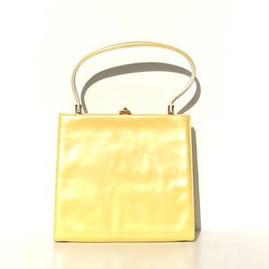 Vintage 60s Rayne Yellow/White Pearlescent Leather Top Handle Handbag Silk Coin Purse-Vintage Handbag, Top Handle Bag-Brand Spanking Vintage