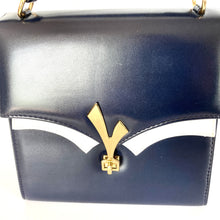 Load image into Gallery viewer, Vintage 60s/70s Navy/White Handbag In Smooth Navy Faux Leather Adjustable Handle-Vintage Handbag, Top Handle Bag-Brand Spanking Vintage