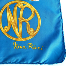Load image into Gallery viewer, Vintage 80s Large Silk Scarf In Vibrant Colours of Gold, Blue and Ivory by Nina Ricci Made in Italy-Scarves-Brand Spanking Vintage