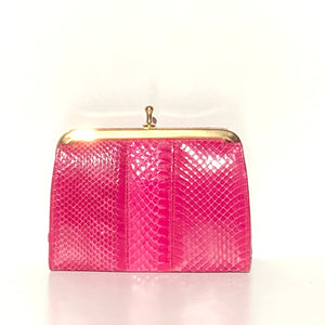 Vintage Fuchsia Pink Snakeskin Clutch Bag with Fold In Chain and Leather Lining Made in England-Vintage Handbag, Exotic Skins-Brand Spanking Vintage