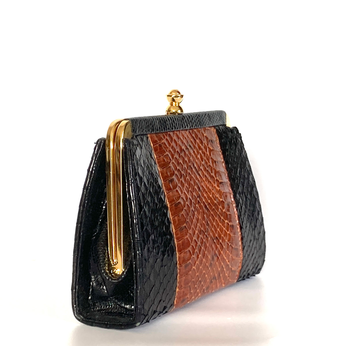 Vintage Snakeskin Clutch Chain Bag in Black Rust Brown Made in England Brand Spanking Vintage