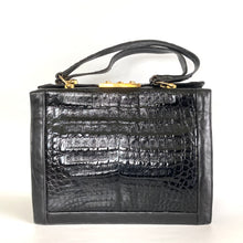 Load image into Gallery viewer, Vintage 80s Large Black Caiman Crocodile Skin Box Bag Tote Bag Overnight Bag W/Lock/Key Gilt Clasp Made in France-Vintage Handbag, Large Handbag-Brand Spanking Vintage