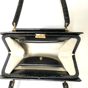 Vintage 60s Glamorous Large Glossy Black Alligator Skin Twin Handle Handbag-Vintage Handbag, Exotic Skins-Brand Spanking Vintage