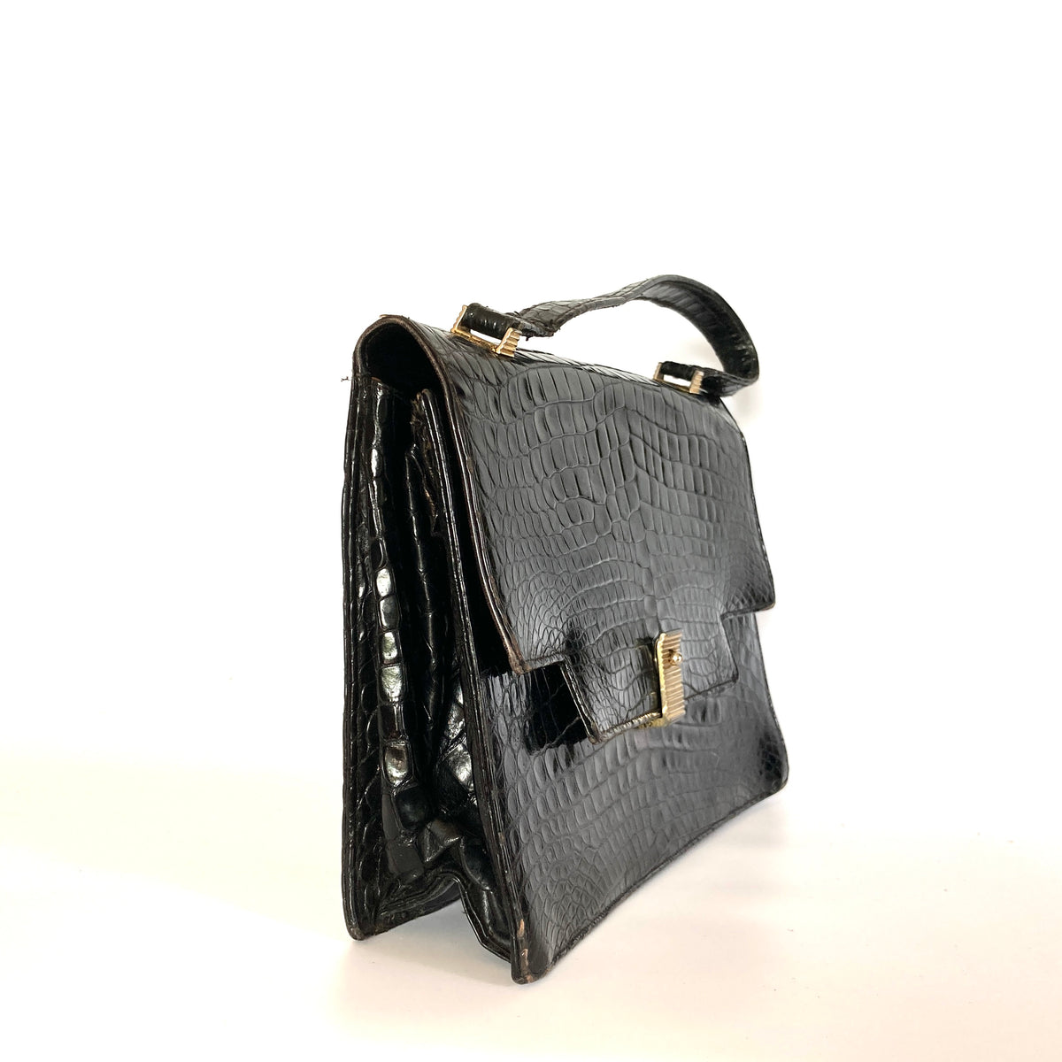 Vintage 40s 50s Large Black Porosus Crocodile Skin Handbag w Gilt Cla Brand Spanking Vintage