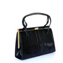Load image into Gallery viewer, Vintage 60s/70s Black Lizard Skin Top Handle Bag w/Gilt Clasp And Matching Lizard Wallet By Mappin & Webb-Vintage Handbag, Exotic Skins-Brand Spanking Vintage