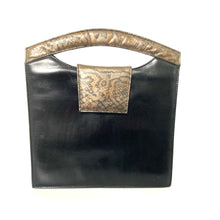 Load image into Gallery viewer, Vintage 70s/80s Black and Bronze Leather Faux Snake Handle Handbag by Renata Made in Italy-Vintage Handbag, Top Handle Bag-Brand Spanking Vintage