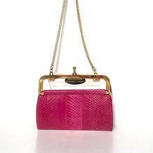 Load image into Gallery viewer, Vintage Fuchsia Pink Snakeskin Clutch Bag with Fold In Chain and Leather Lining Made in England-Vintage Handbag, Exotic Skins-Brand Spanking Vintage