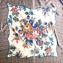 Load image into Gallery viewer, Large Vintage National Gallery Silk Scarf in Blues/Pinks/Gold/Grey in Floral/ Roses/Stripes Design-Scarves-Brand Spanking Vintage