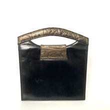 Load image into Gallery viewer, Vintage 70s/80s Black and Bronze Leather Faux Snake Handle Handbag by Renata Made in Italy-Vintage Handbag, Top Handle Bag-Brand Spanking Vintage