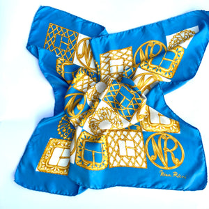 Vintage 80s Large Silk Scarf In Vibrant Colours of Gold, Blue and Ivory by Nina Ricci Made in Italy-Scarves-Brand Spanking Vintage