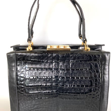 Load image into Gallery viewer, Vintage 80s Large Black Caiman Crocodile Skin Box Bag Tote Bag Overnight Bag W/Lock/Key Gilt Clasp Made in France-Vintage Handbag, Large Handbag-Brand Spanking Vintage