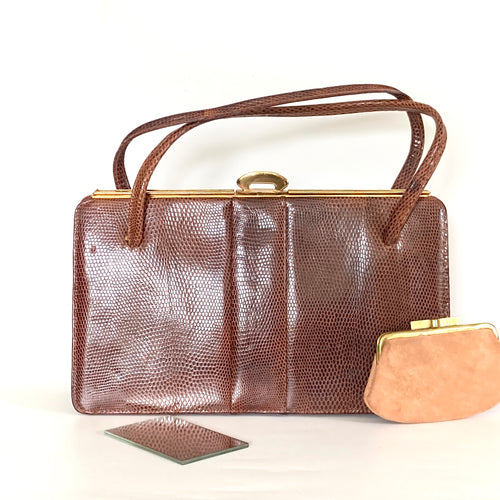 Vintage 60s Milk Chocolate Brown Lizard Skin Classic Twin Handle Handbag/Coin Purse-Vintage Handbag, Exotic Skins-Brand Spanking Vintage