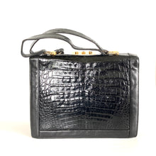 Load image into Gallery viewer, Vintage 80s Large Black Caiman Crocodile Skin Box Bag Tote Bag Overnight Bag W/Lock/Key Gilt Clasp Made in France-Vintage Handbag, Large Handbag-Brand Spanking Vintage