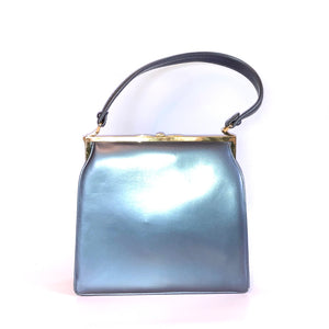 Vintage Handbag 50s/60s In Grey Pearlescent Leather w/ Coin Purse and Bow Clasp by Lodix-Vintage Handbag, Top Handle Bag-Brand Spanking Vintage
