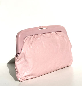 Vintage 80s Powder Pink Leather Clutch Bag with Pink Lucite Frame and Clasp Made in Italy-Vintage Handbag, Clutch Bag-Brand Spanking Vintage