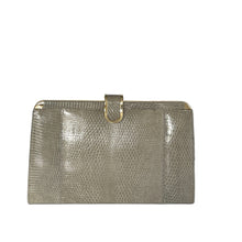 Load image into Gallery viewer, Vintage Dainty Green Grey Lizard Skin Clutch Bag Fold Out Gilt Chain Made In England-Vintage Handbag, Exotic Skins-Brand Spanking Vintage