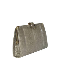 Load image into Gallery viewer, Vintage Dainty Green Grey Lizard Skin Clutch Bag Fold Out Gilt Chain Made In England-Vintage Handbag, Exotic Skins-Brand Spanking Vintage