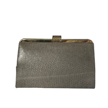 Load image into Gallery viewer, Vintage Dainty Green Grey Lizard Skin Clutch Bag Fold Out Gilt Chain Made In England-Vintage Handbag, Exotic Skins-Brand Spanking Vintage