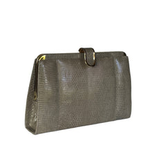 Load image into Gallery viewer, Vintage Dainty Green Grey Lizard Skin Clutch Bag Fold Out Gilt Chain Made In England-Vintage Handbag, Exotic Skins-Brand Spanking Vintage