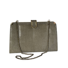 Load image into Gallery viewer, Vintage Dainty Green Grey Lizard Skin Clutch Bag Fold Out Gilt Chain Made In England-Vintage Handbag, Exotic Skins-Brand Spanking Vintage