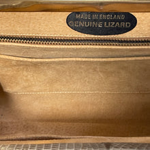 Load image into Gallery viewer, Vintage Dainty Green Grey Lizard Skin Clutch Bag Fold Out Gilt Chain Made In England-Vintage Handbag, Exotic Skins-Brand Spanking Vintage