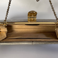 Load image into Gallery viewer, Vintage Dainty Green Grey Lizard Skin Clutch Bag Fold Out Gilt Chain Made In England-Vintage Handbag, Exotic Skins-Brand Spanking Vintage