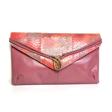 Load image into Gallery viewer, Vintage 80s Pink/Grey/Red Slim Leather and Snakeskin Clutch Bag w/Gilt Chain-Vintage Handbag, Clutch Bag-Brand Spanking Vintage