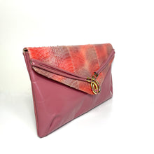 Load image into Gallery viewer, Vintage 80s Pink/Grey/Red Slim Leather and Snakeskin Clutch Bag w/Gilt Chain-Vintage Handbag, Clutch Bag-Brand Spanking Vintage