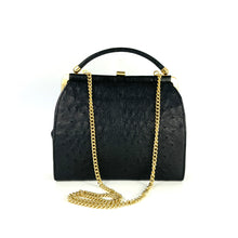 Load image into Gallery viewer, Vintage Dainty Black Genuine Ostrich Skin Clutch Bag w/ Fold Out Gilt/Ostrich Handle and Shoulder Chain Made In England-Vintage Handbag, Exotic Skins-Brand Spanking Vintage