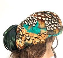Load image into Gallery viewer, Vintage 50s Feather Pill Box Occasion Hat in Turquoise, Gold, Brown and Black-Accessories, For Her-Brand Spanking Vintage