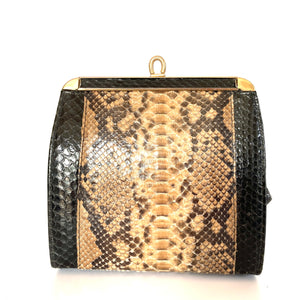 Vintage Small Python Snakeskin Clutch Bag with Fold In Chain Handle in Black/Brown/Caramel Made in England-Vintage Handbag, Exotic Skins-Brand Spanking Vintage