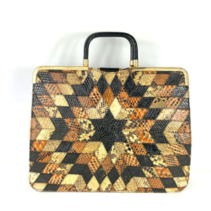 Vintage 70s Snakeskin And Leather 'Starburst' Design Handbag/Work Bag Case Top Handles-Vintage Handbag, Exotic Skins-Brand Spanking Vintage