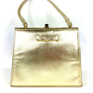 Vintage 60s70s Gold Leather Waldybag Evening/Occasion Bag With Bow Matching Silk Purse/ Orig Mirror-Vintage Handbag, Evening Bag-Brand Spanking Vintage