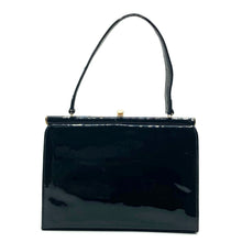 Load image into Gallery viewer, Vintage Dainty Black Patent Leather Bag With Pewter Patent Detail To Front Made In England For Meadows Of Regent St-Vintage Handbag, Kelly Bag-Brand Spanking Vintage