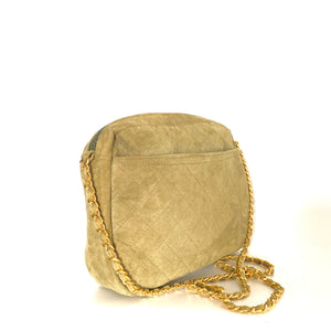Vintage 80s Large Quilted Suede Shoulder Bag In Olive Green With Long Gilt/Suede Chain-Vintage Handbag, Clutch Bag-Brand Spanking Vintage