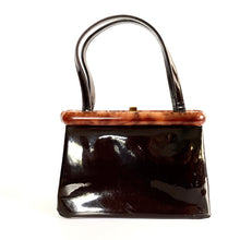 Load image into Gallery viewer, Vintage 50s/60s Brown Patent Leather Handbag W/ Faux Tortoiseshell Lucite Feature By Widegate-Vintage Handbag, Top Handle Bag-Brand Spanking Vintage