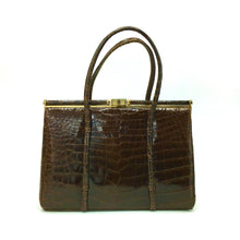 Load image into Gallery viewer, Vintage 50s Glossy Dark Chocolate Brown Mirror Finish Crocodile Skin Classic Ladylike Bag-Vintage Handbag, Exotic Skins-Brand Spanking Vintage