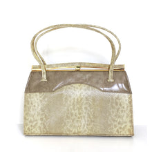 Load image into Gallery viewer, Vintage 50s/60s Leather Faux Snakeskin Handbag In Cream/Gold w/ Grey/Taupe Patent By Holmes of Norwich-Vintage Handbag, Kelly Bag-Brand Spanking Vintage