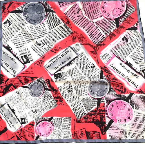 Vintage 80s Large Silk Scarf 'Happy Birthday' in Red/Pink/White/Grey/Black Made in Italy-Scarves-Brand Spanking Vintage