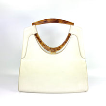 Load image into Gallery viewer, Vintage 60s/70s Handbag In Ivory Leather w/Unusual Shaped Lucite Faux Tortoiseshell Handles Made in France-Vintage Handbag, Large Handbag-Brand Spanking Vintage